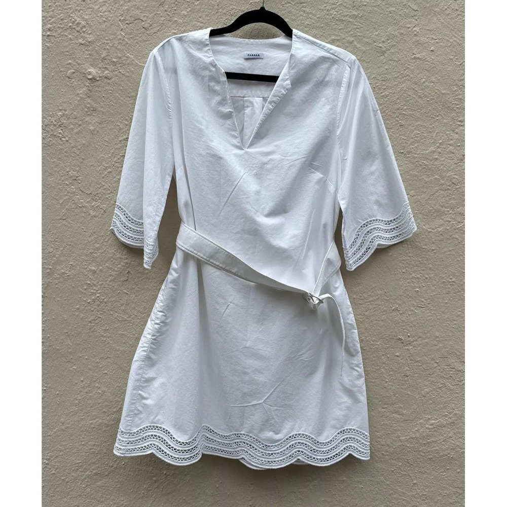 P.A.R.O.S.H. White Cotton Wrap Dress Lace Trim 3/4Sleeve Italy Resort Mini Dress